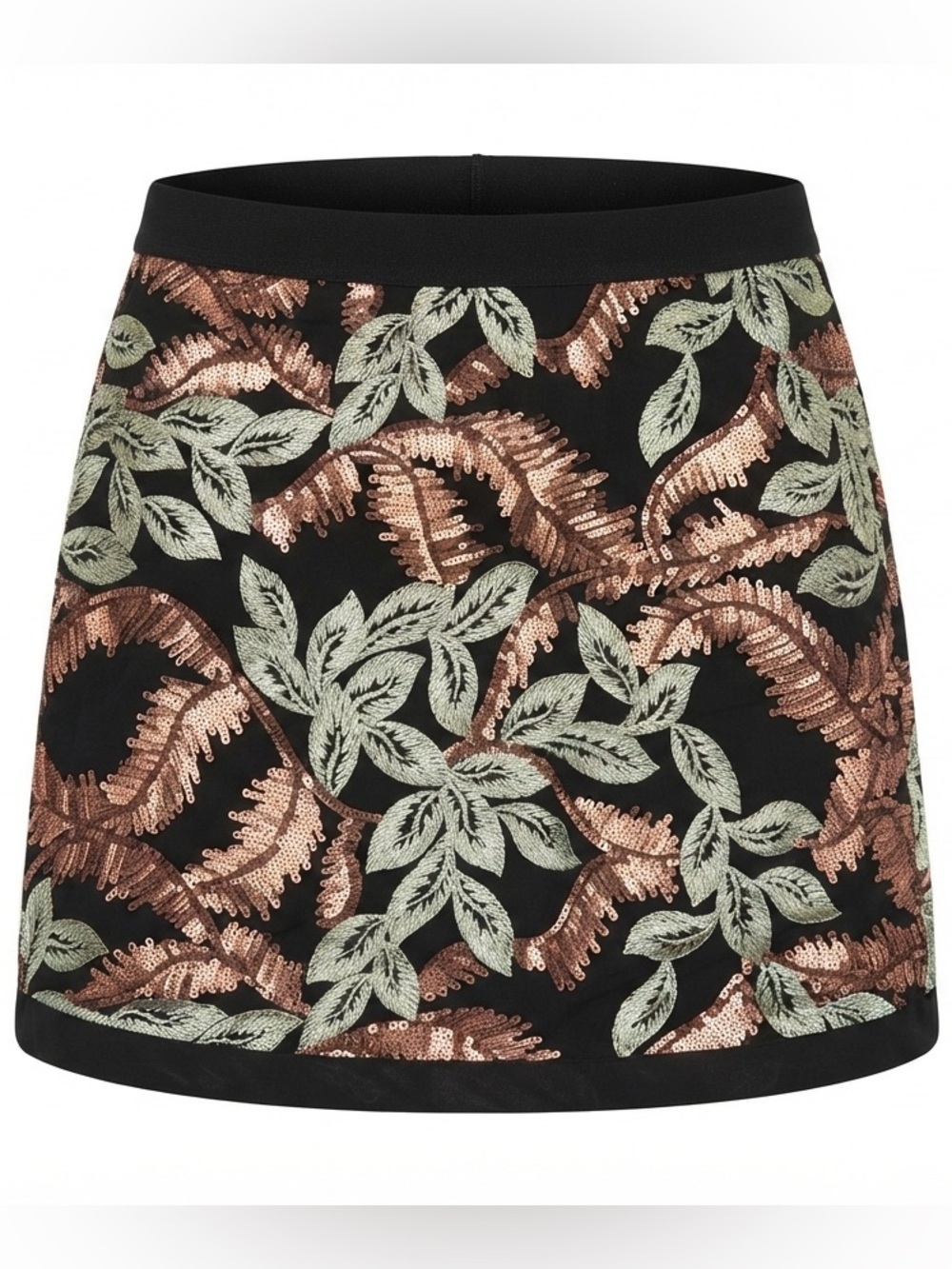 re:named Black Mini Skirt with Green and Bronze Floral Embroidery A6-053